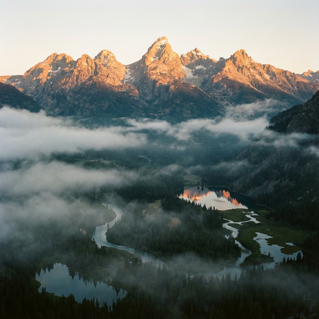 A breathtaking view of a majestic mountain range at sunrise, with golden light hitting the peaks, mist in the valleys, photorealistic, cinematic lighting